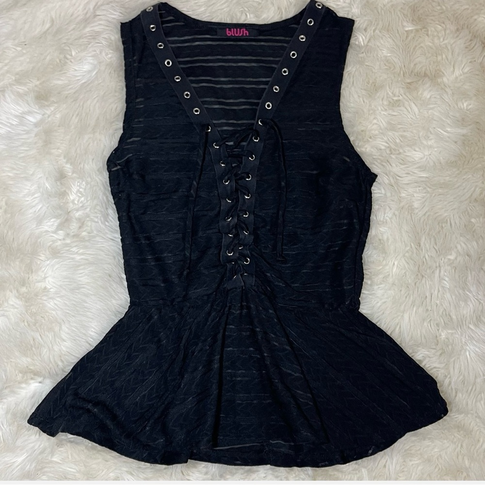 Blush Sheer Lace Up Top - Picture 2 of 9